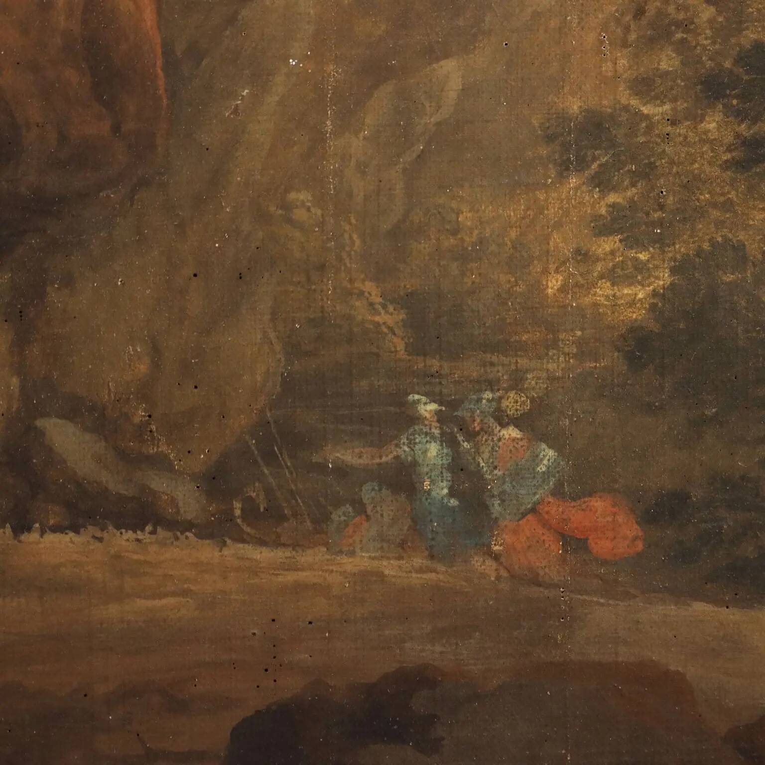 Old painting of a landscape with figures, oil on canvas, 18th century.