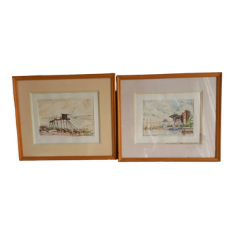 Lot de deux aquarelles , un poste de pêche au carrelet et une vue de La Rochelle, années 1990