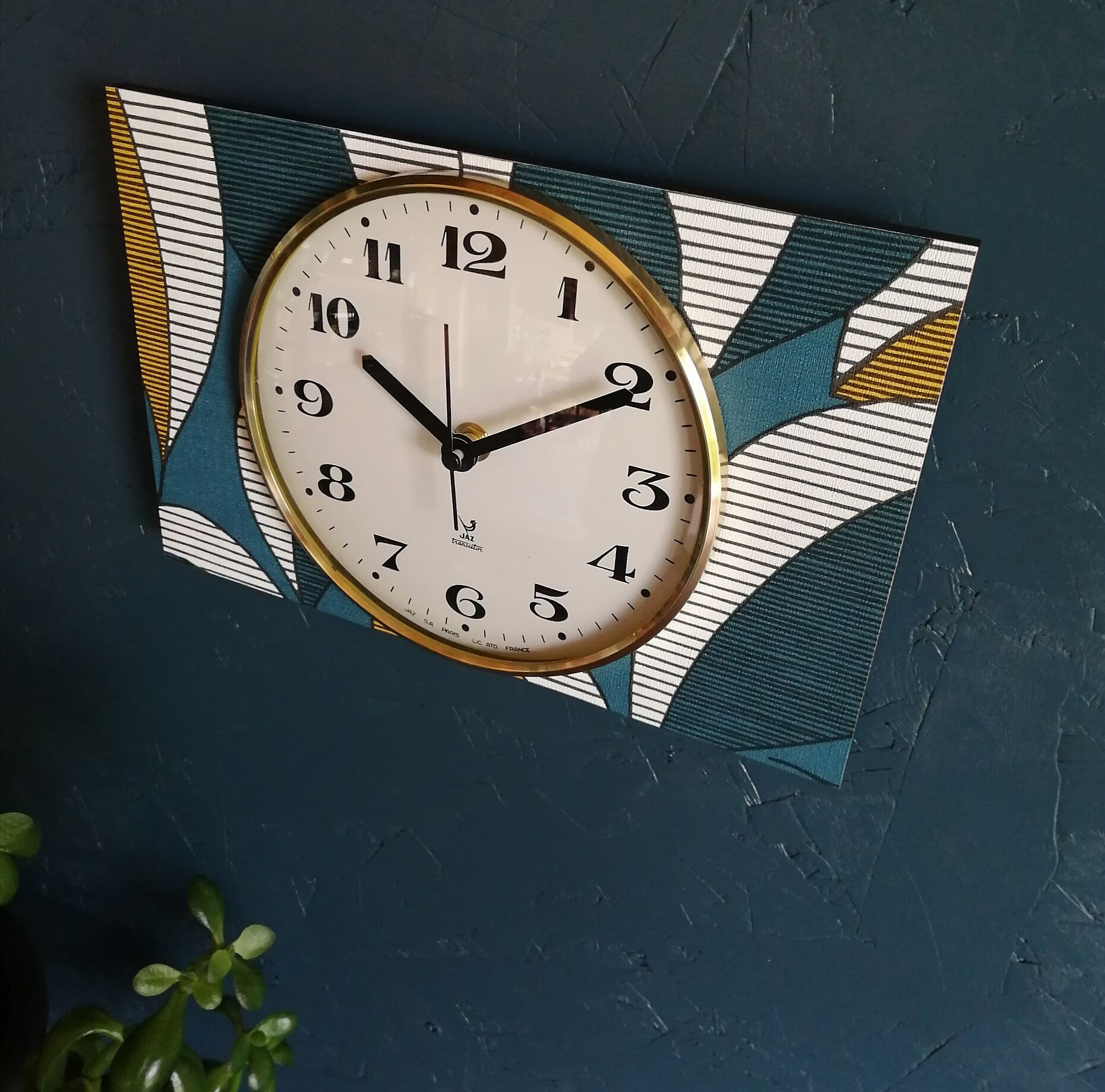 Vintage clock rectangular silent wall clock "Jaz blue white ochre"