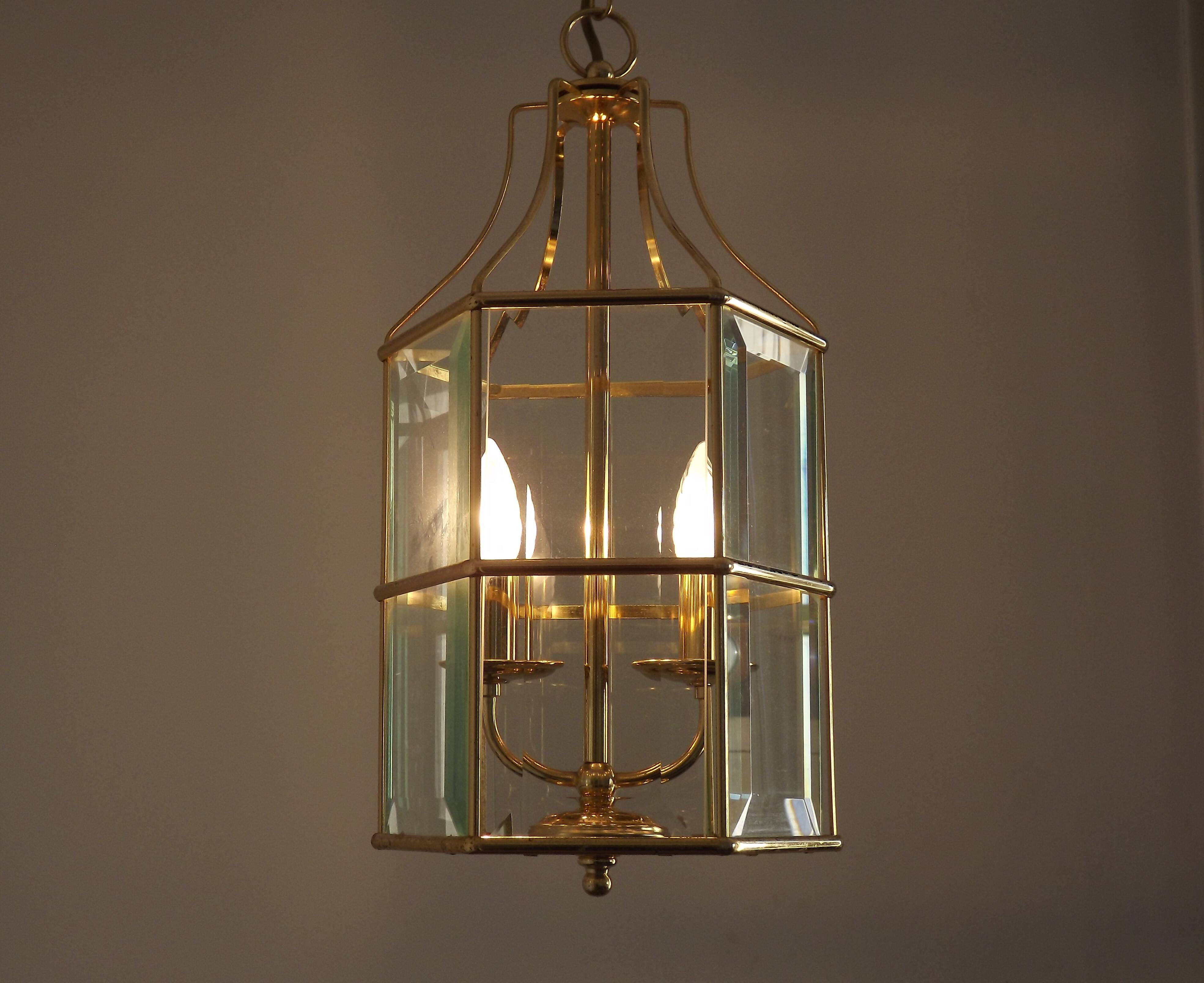French Vintage 2 Light Hexagonal Gold Metal & Beveled Glass Hanging Light