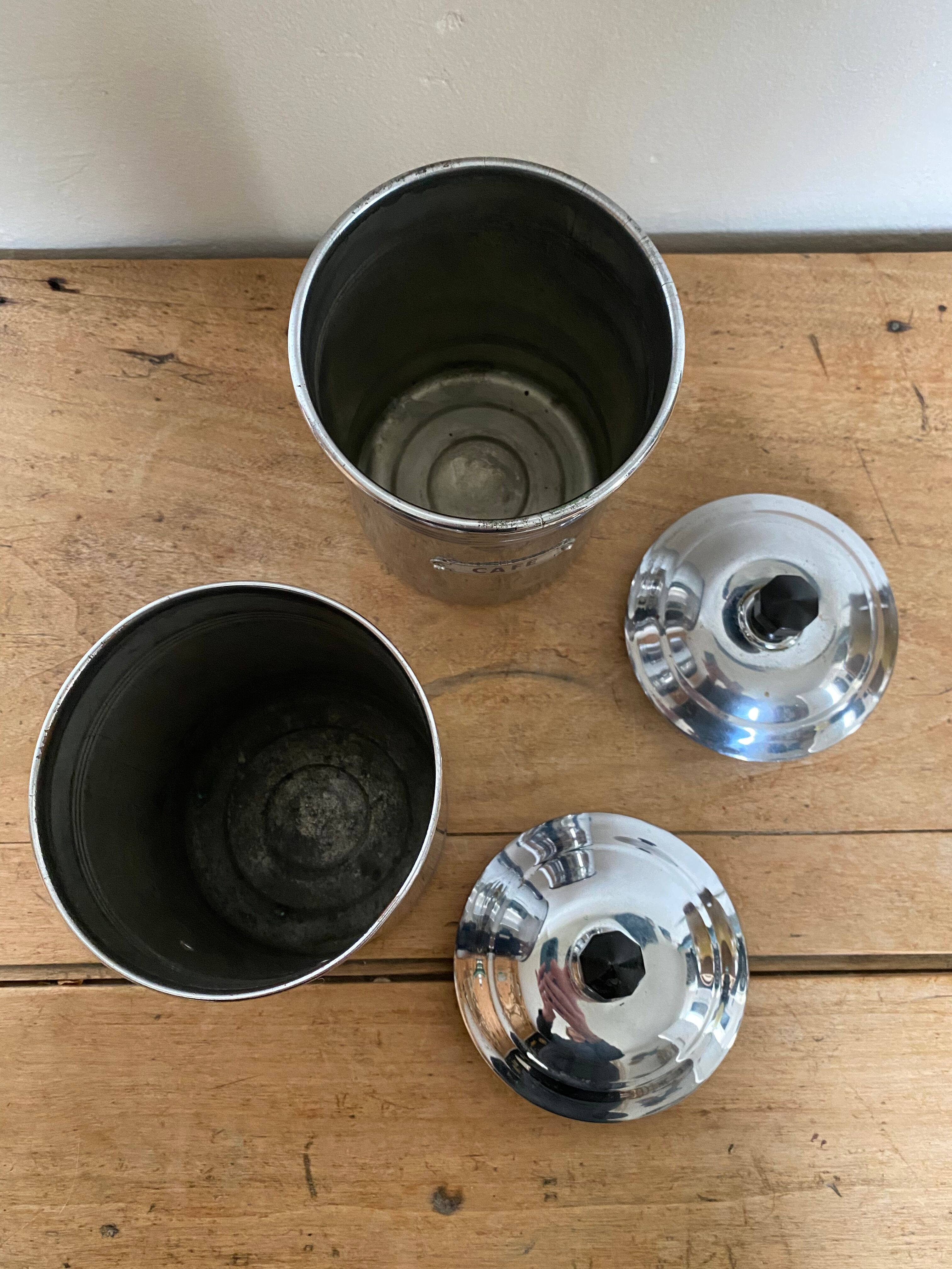 Set of two chrome-plated copper coffee/sugar jars stamped