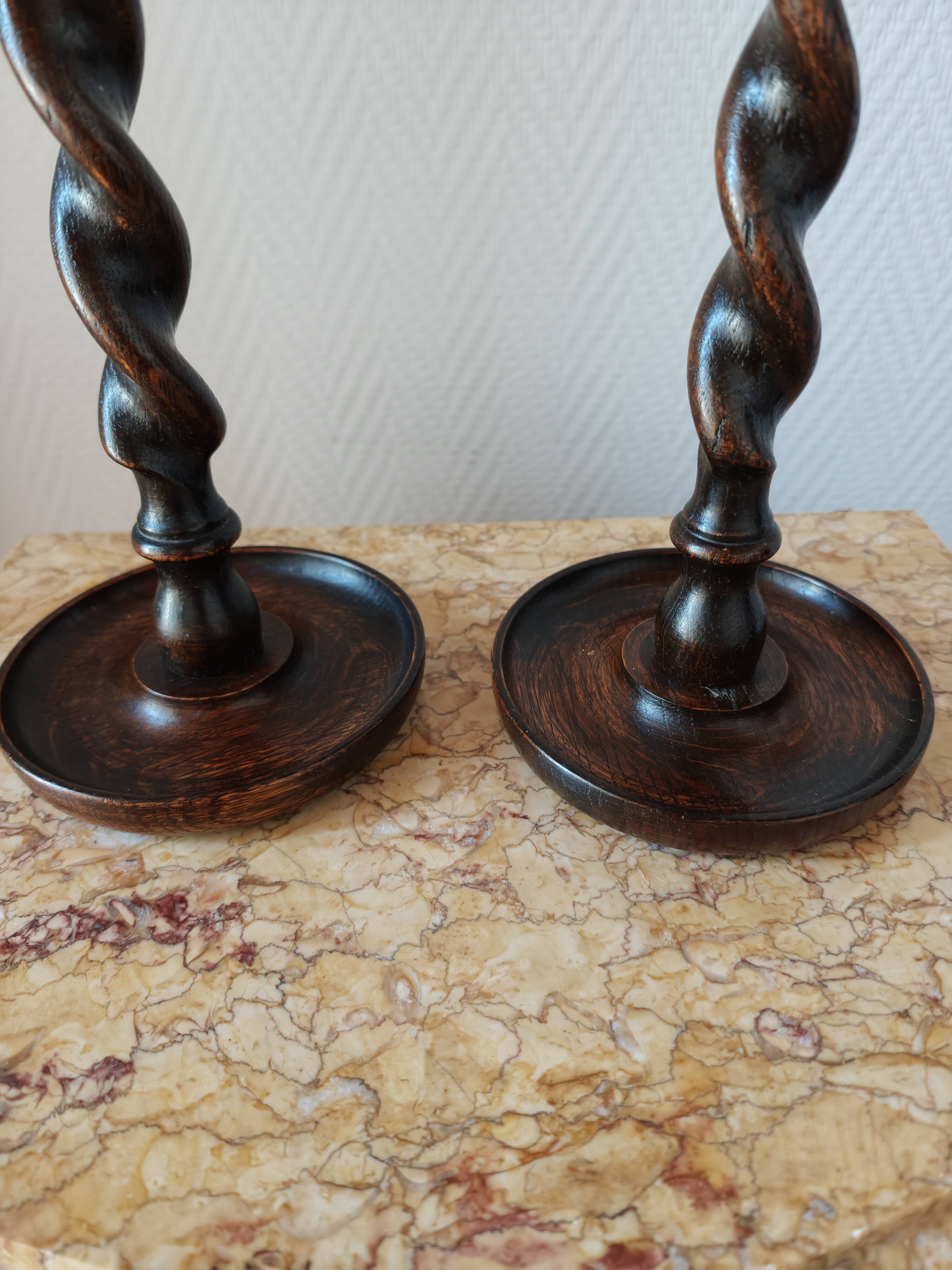 Pair of Barley Twist candlesticks in oak – English style, circa 1950