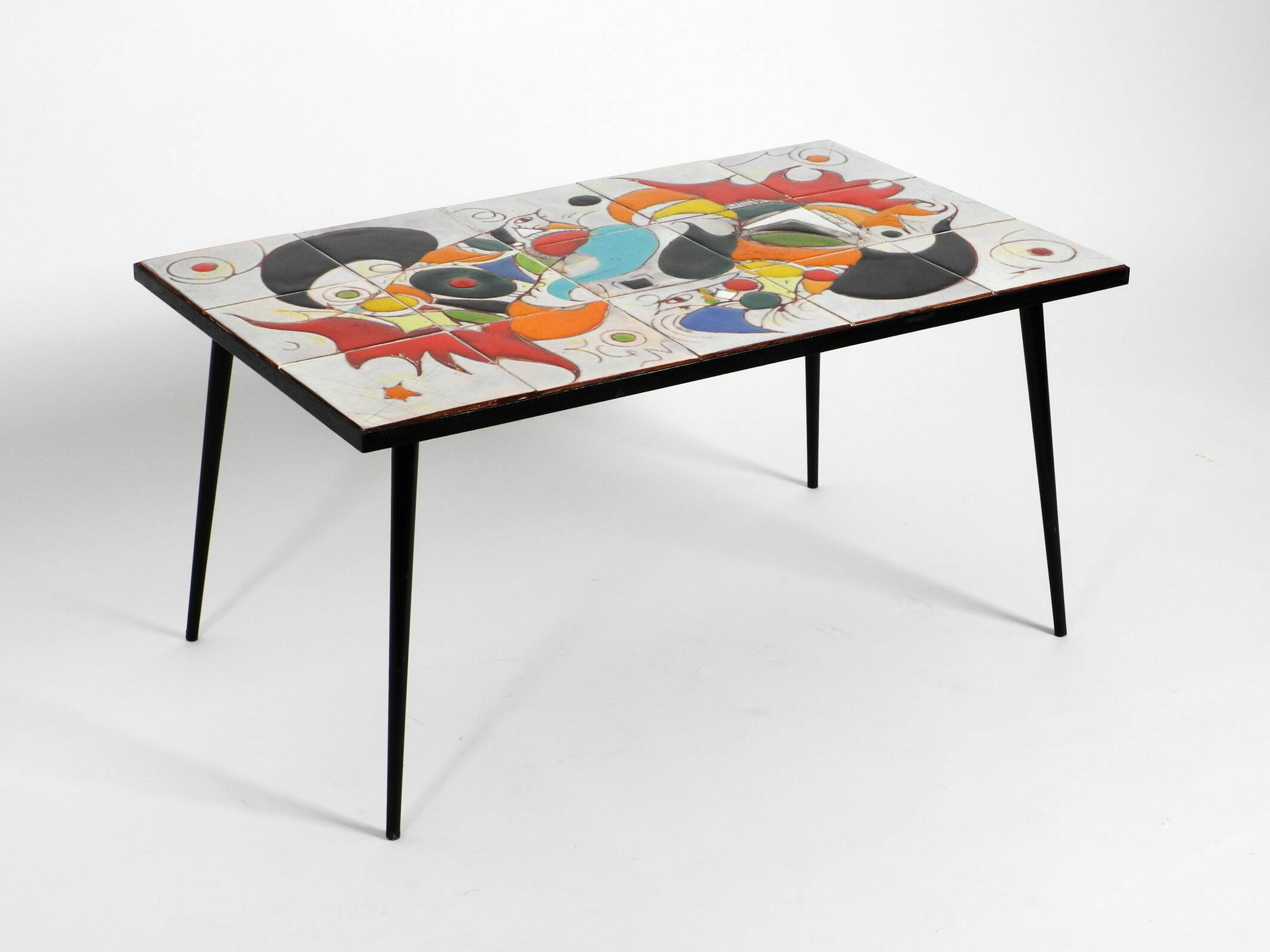 Mid Century Italian Modern Iron Table with Tiled Top and Abstract Motif
