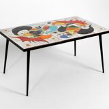 Mid Century Italian Modern Iron Table with Tiled Top and Abstract Motif
