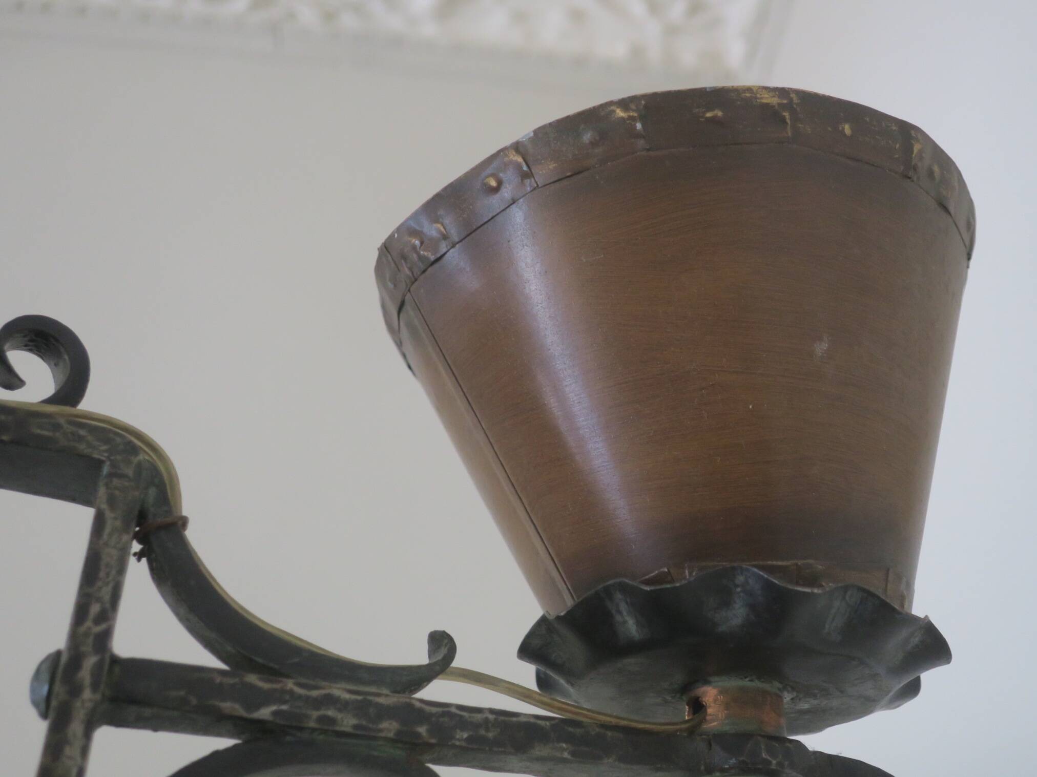 Brutalist wrought iron and copper 2-arm chandelier, 1960s