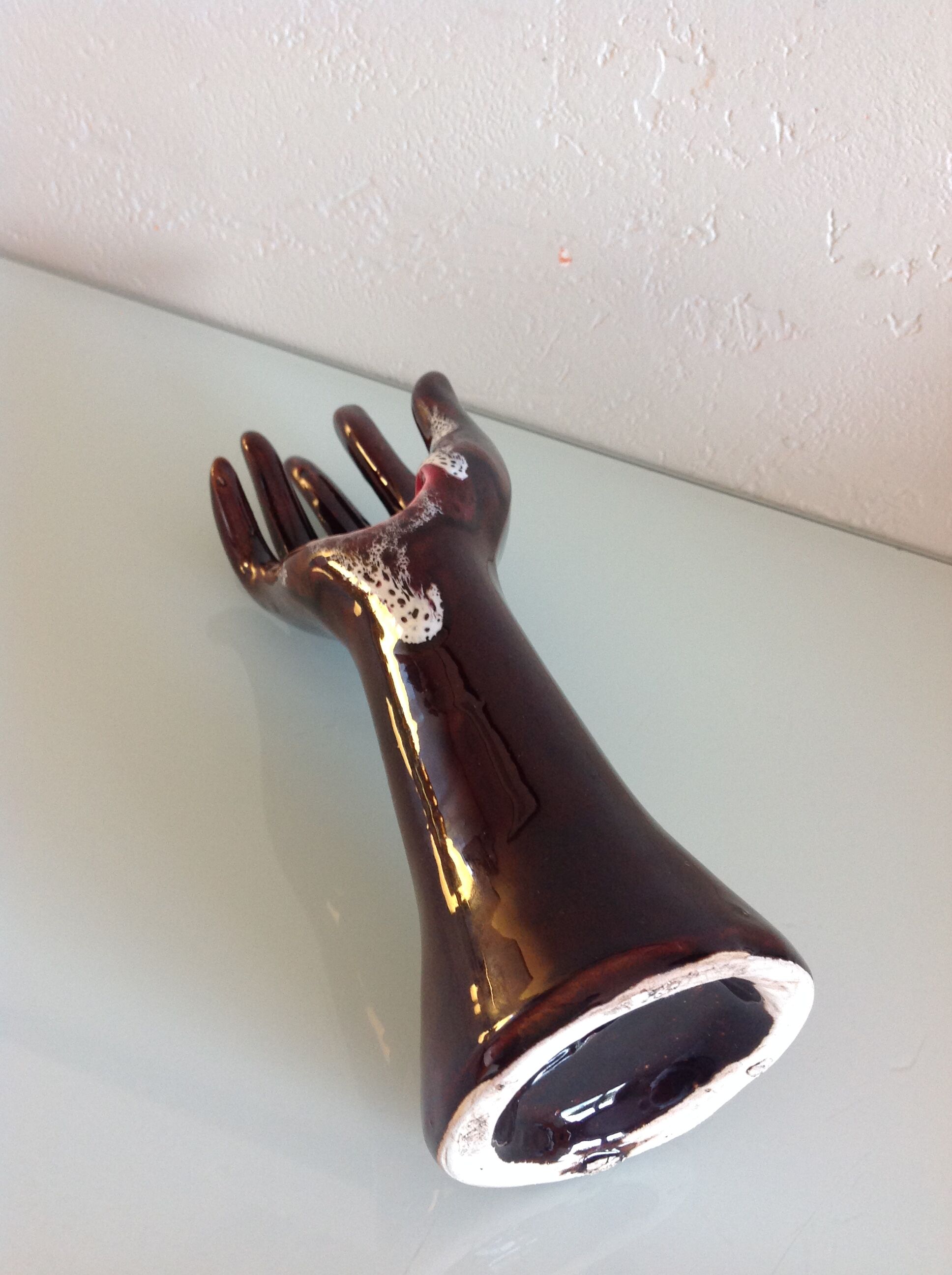 Hand baguier soliflore in brown ceramic, vintage 60/70s