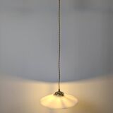 Vintage suspension in white opaline, elegant light fixture with soft light.