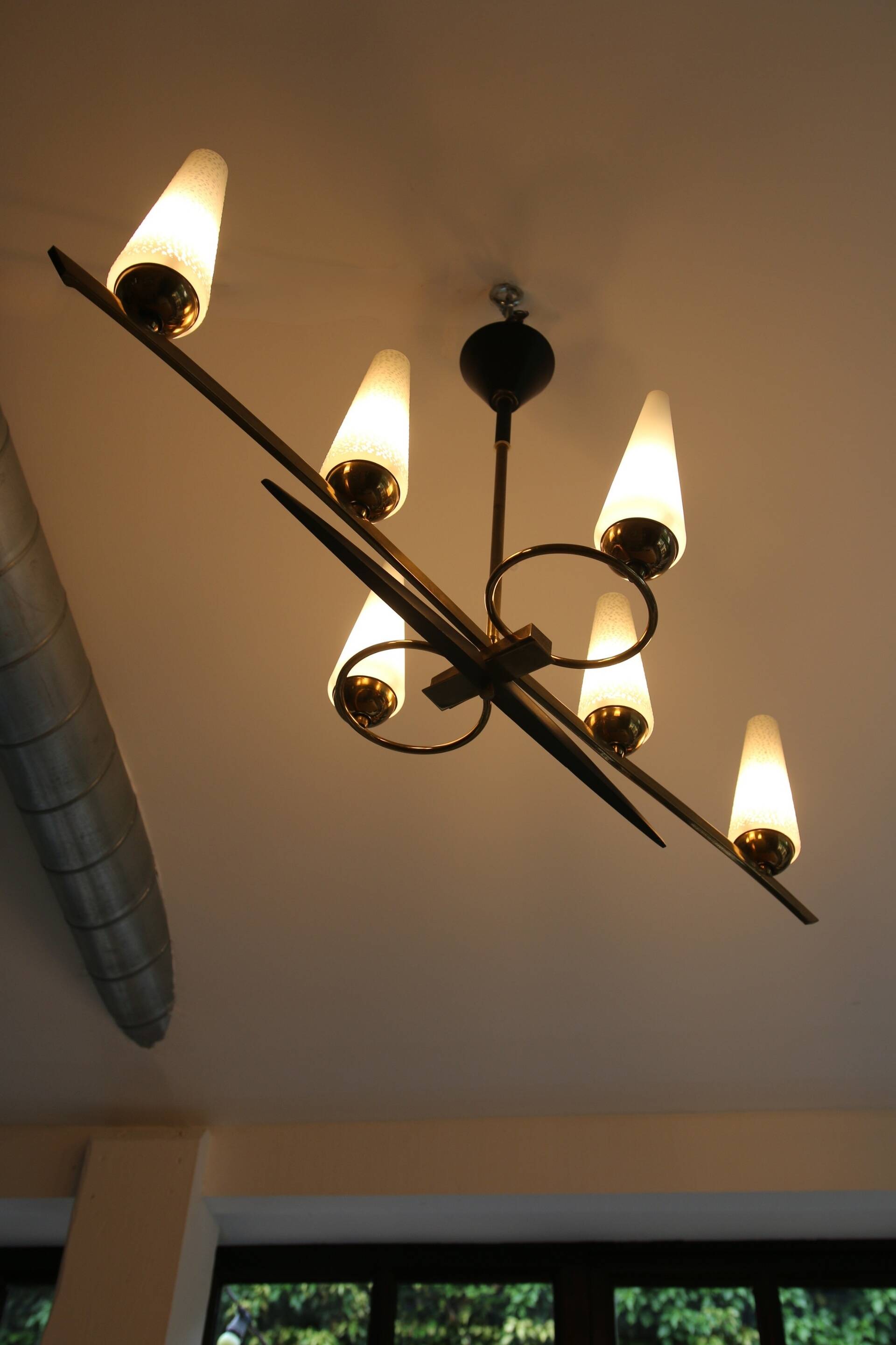 Mid-Century 6-Light Chandelier - Opaline and Brass
