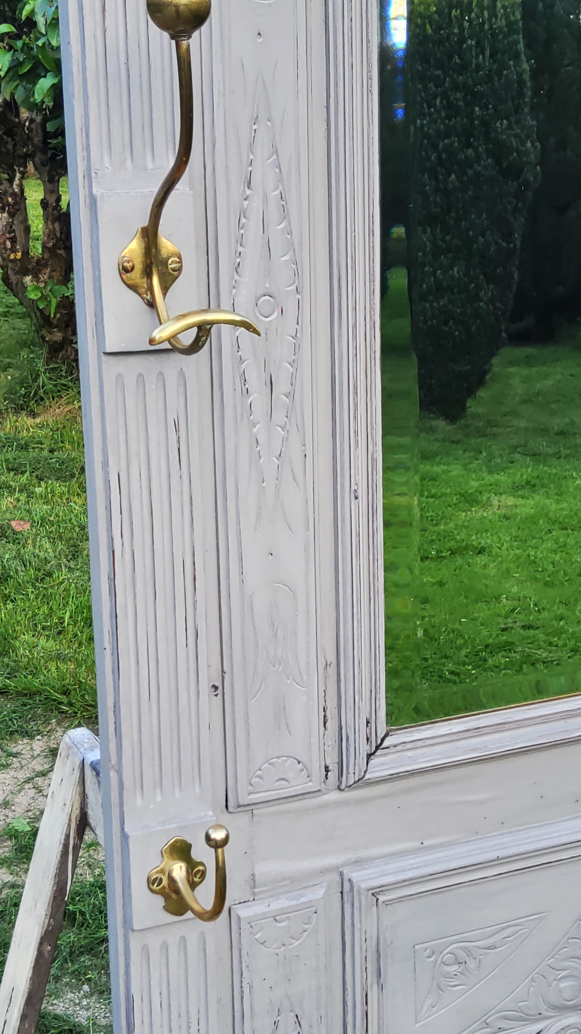 1900s coat rack patina gray mirror brass hooks