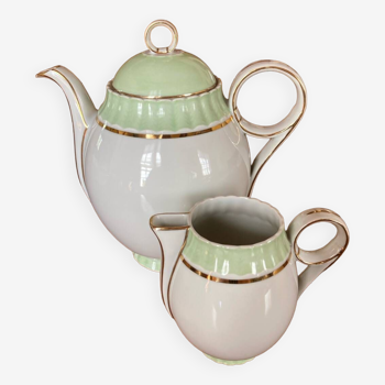 Lot verseuse à  café et pot à lait ou crème Limoges Bernardaud ancien Art déco vert pastel et doré