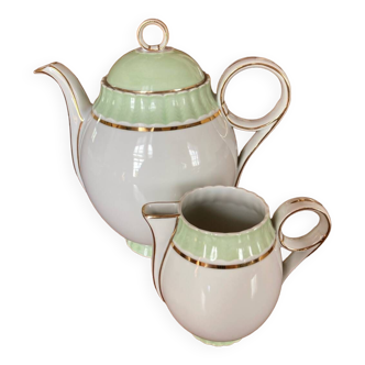 Set of coffee jug and milk or cream pot Limoges Bernardaud old Art Deco pastel green and gold