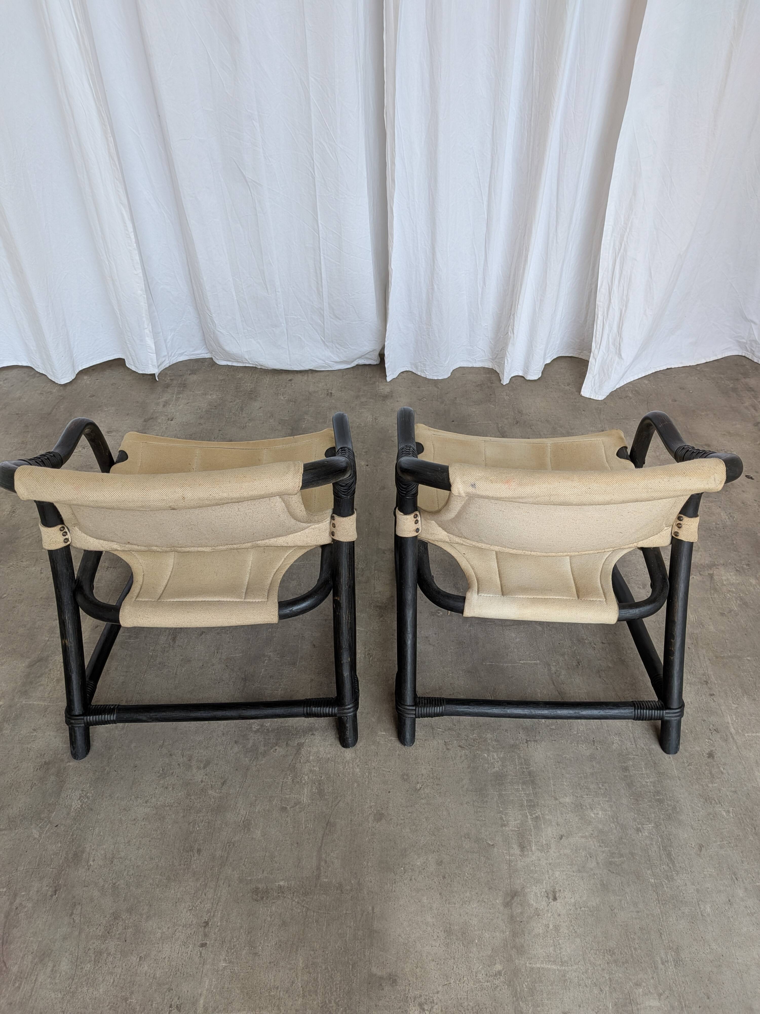 2 Vintage Espri Safari Lounge Armchairs / Rare Mid-century Black Bamboo and Beige Fabric Easy C