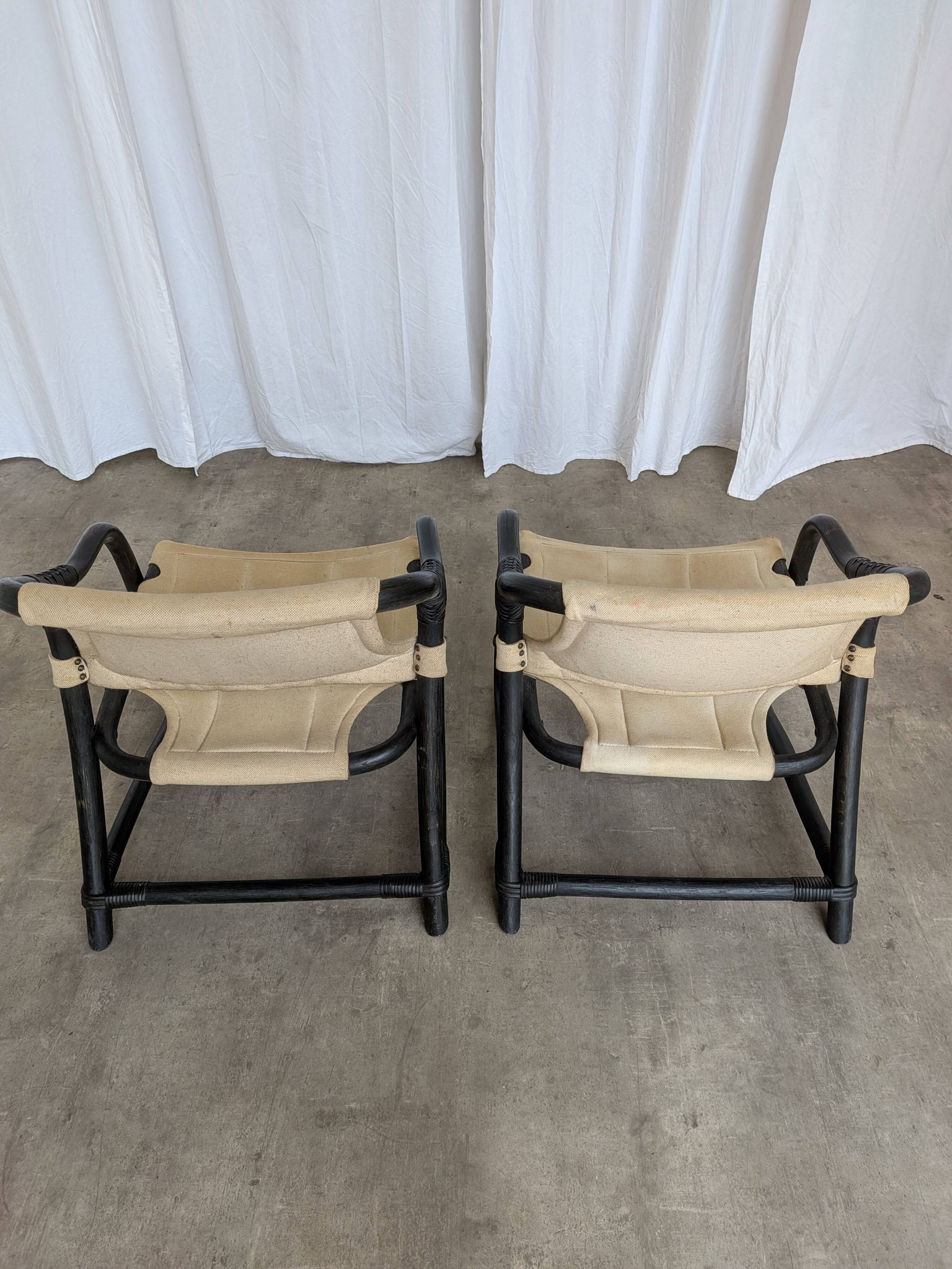 2 Vintage Espri Safari Lounge Armchairs / Rare Mid-century Black Bamboo and Beige Fabric Easy C