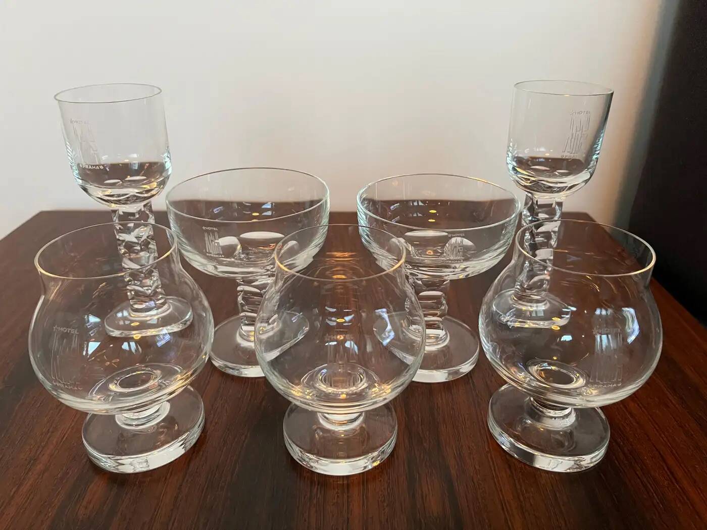 Unique luxurious set of 7 design glasses by Moser for Hotel Prag, 1970s