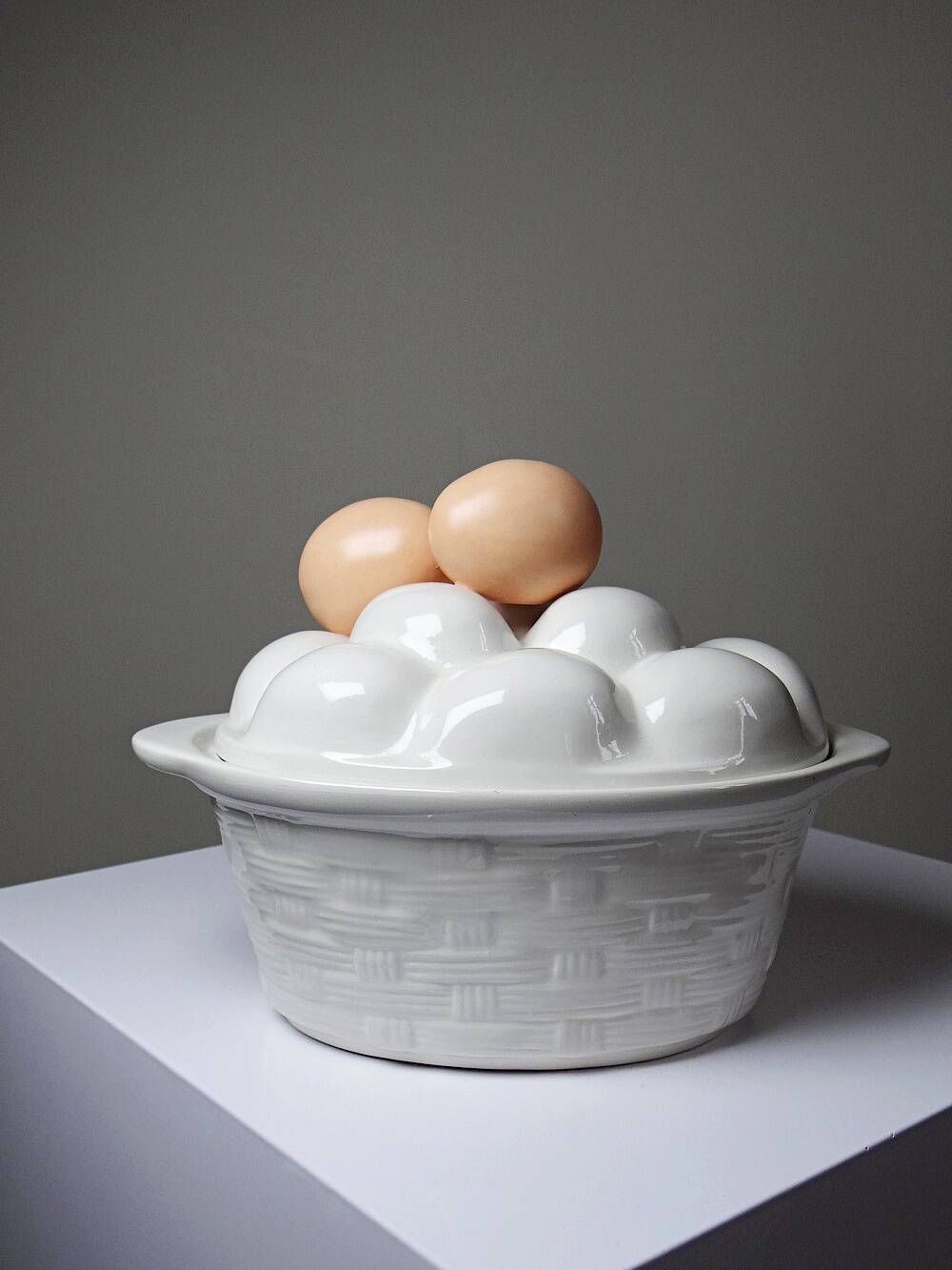 Vintage trompe-l’œil terrine with eggs in white earthenware, 1960s-1980s