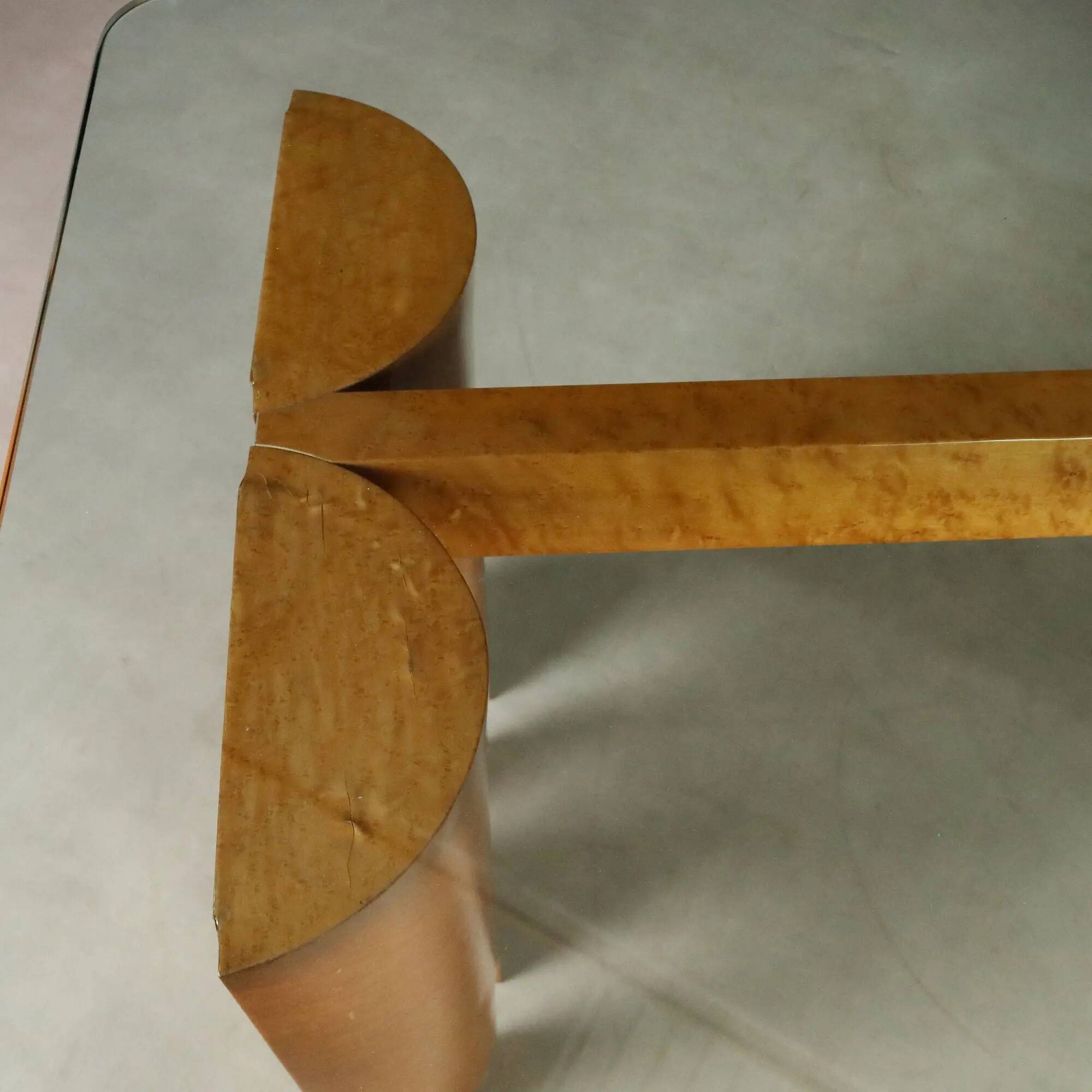 Vintage table in burl wood and glass, Italian design, 1970s.