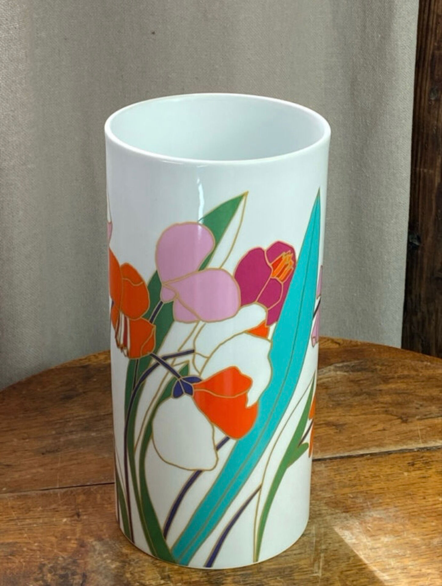 Cylindrical porcelain vase, floral decoration, Wolf Bauer Rosenthal