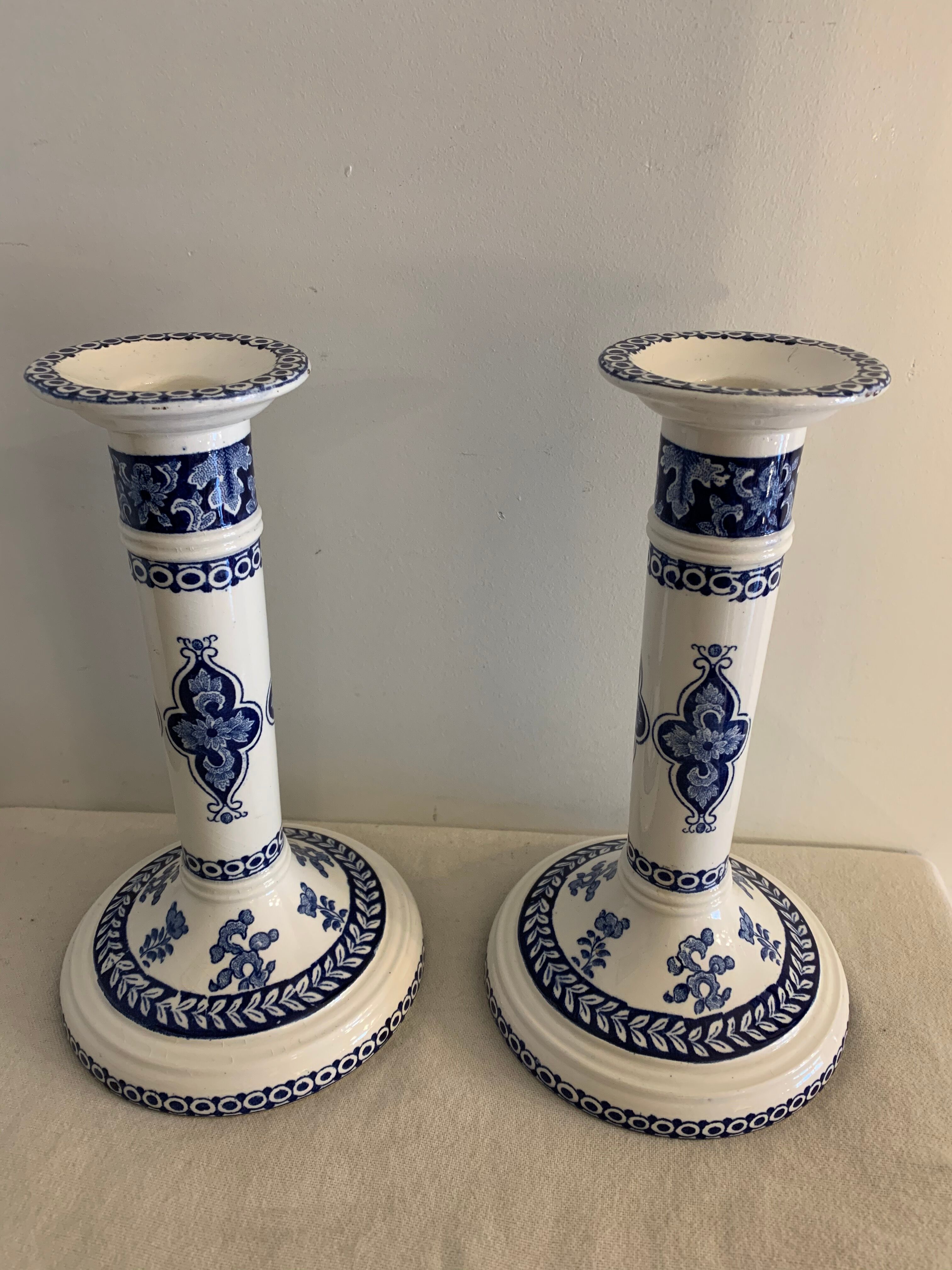 Pair of old candlesticks in blue and white earthenware Gien 1950