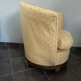 Fauteuil, crapaud, tapissier, ameublement jaune à motifs et bois