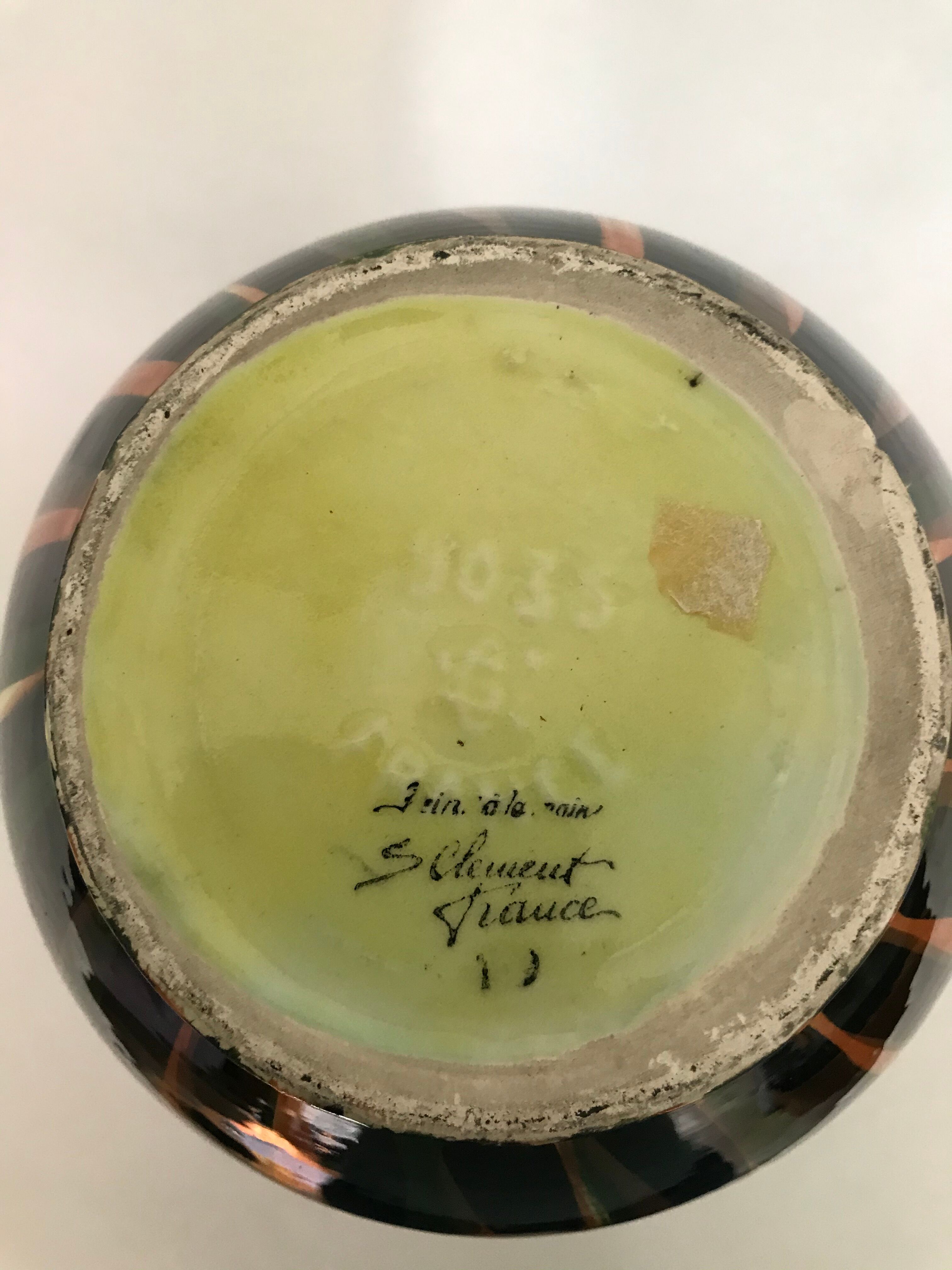 Saint Clement's diabolo vase, decorated with hand-painted polychrome flames, numbered 1950/1960