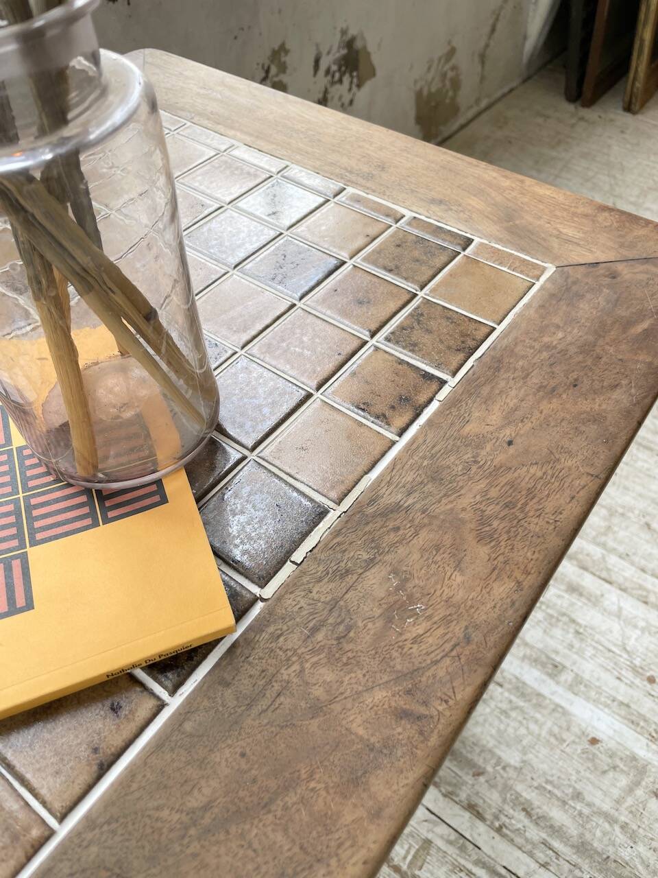 Set of two bistro tables in walnut and tiling from 1890.