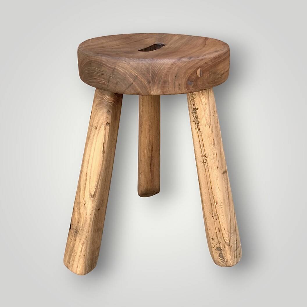 Antique brutalist tripod stool in solid wood