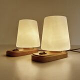 Paire de lampes scandinaves vintage, bois et verre