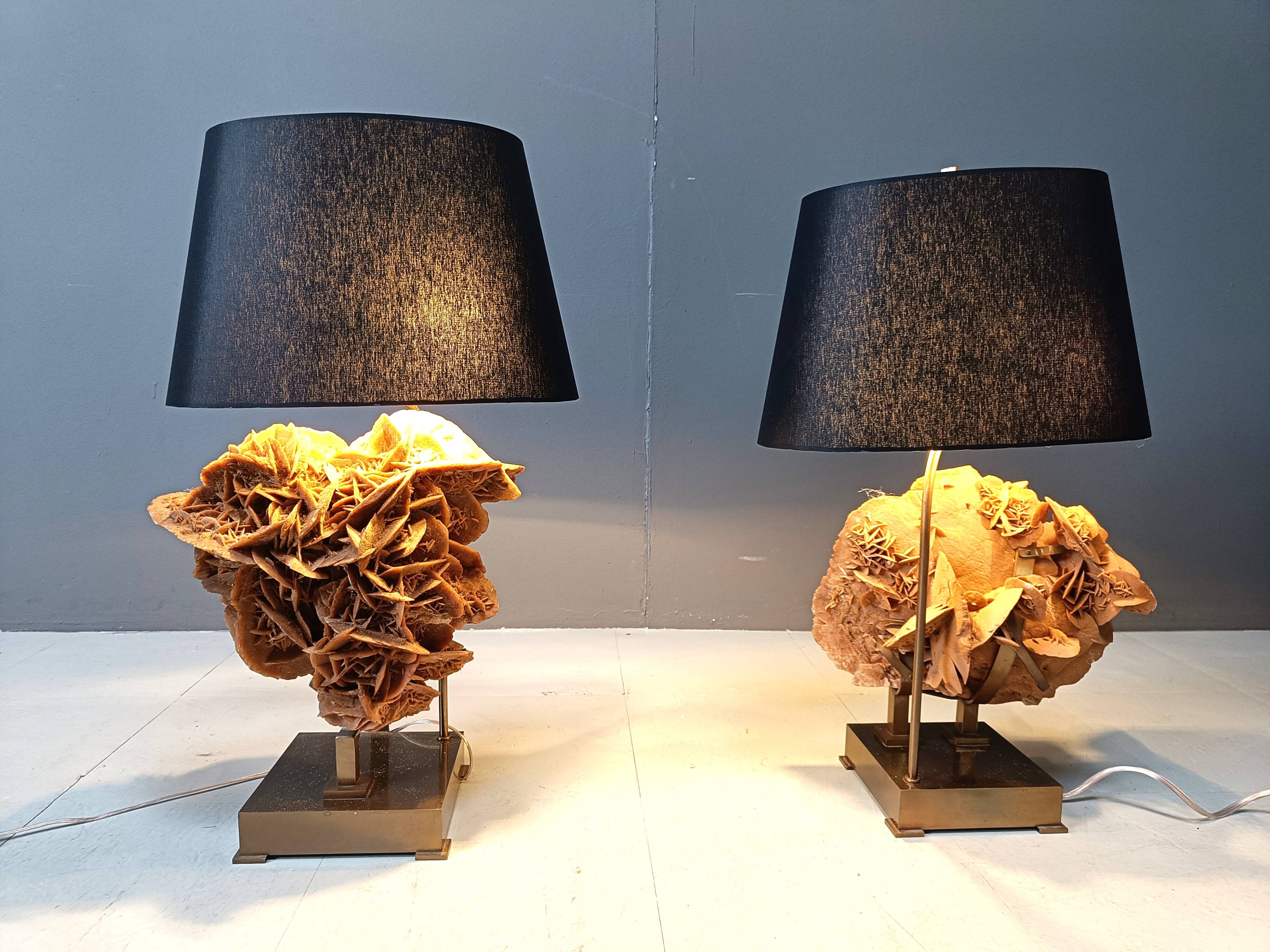 Lampes de table en laiton et pierre rose, années 1970