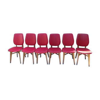 Série de 6 chaises skaï rouge et hêtre années 70
