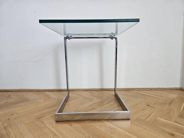 Midcentury Design Cantilevered Glass & Chrome Side Coffee Table, 1980s