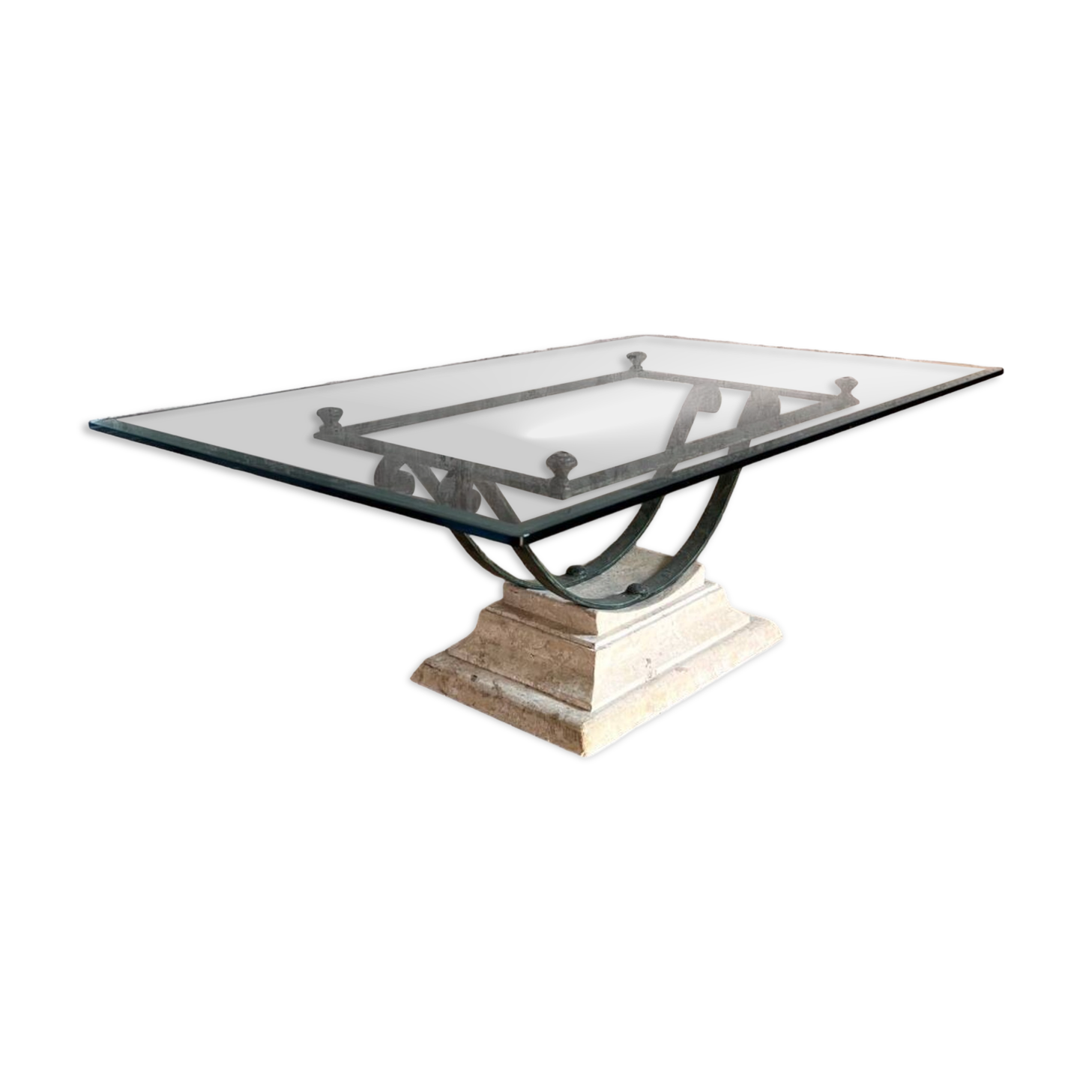 Table basse en verre et métal patine antique
