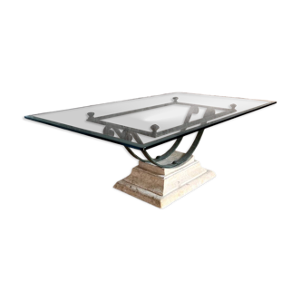 Coffee table in glass and antique patinated metal