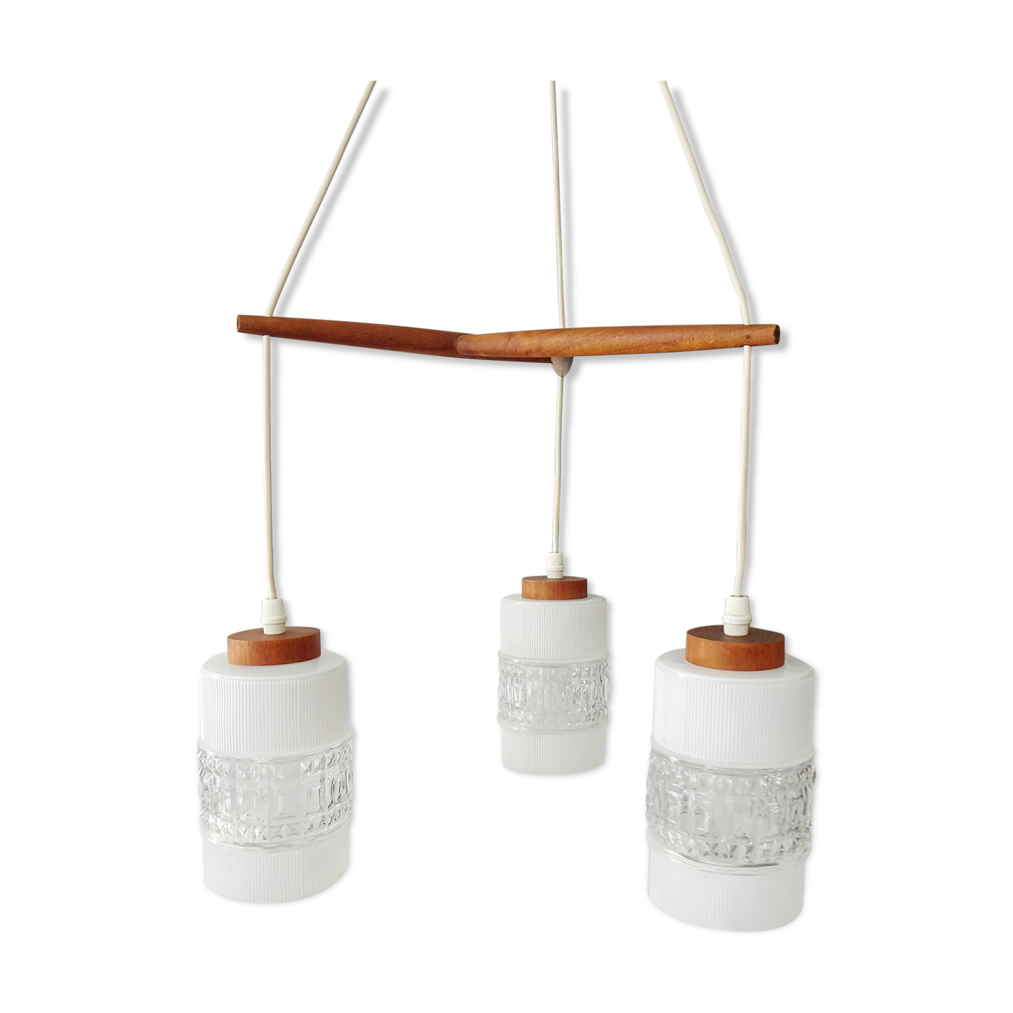 Teak hanging lamp with three lamps, Mid Century chandelier made of glass and teak