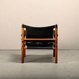 Fauteuil lounge Sirocco Safari d'Arne Norell en palissandre et cuir noir, Suède