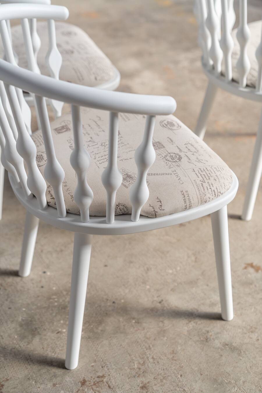Matte white painted beech chair with upholstered seat in fabric 1970