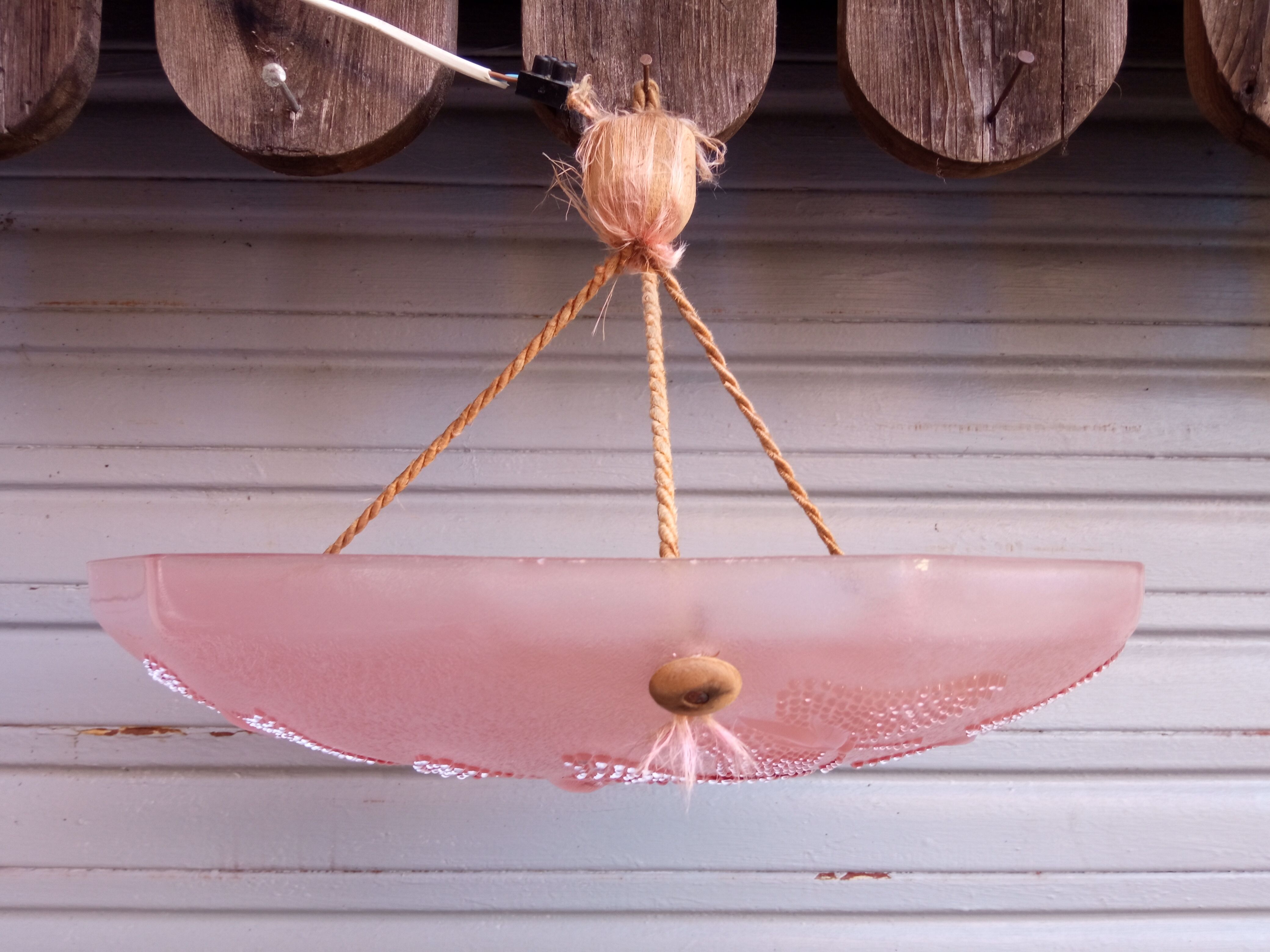 Art Deco ceiling lamp in pink pressed molded glass -
