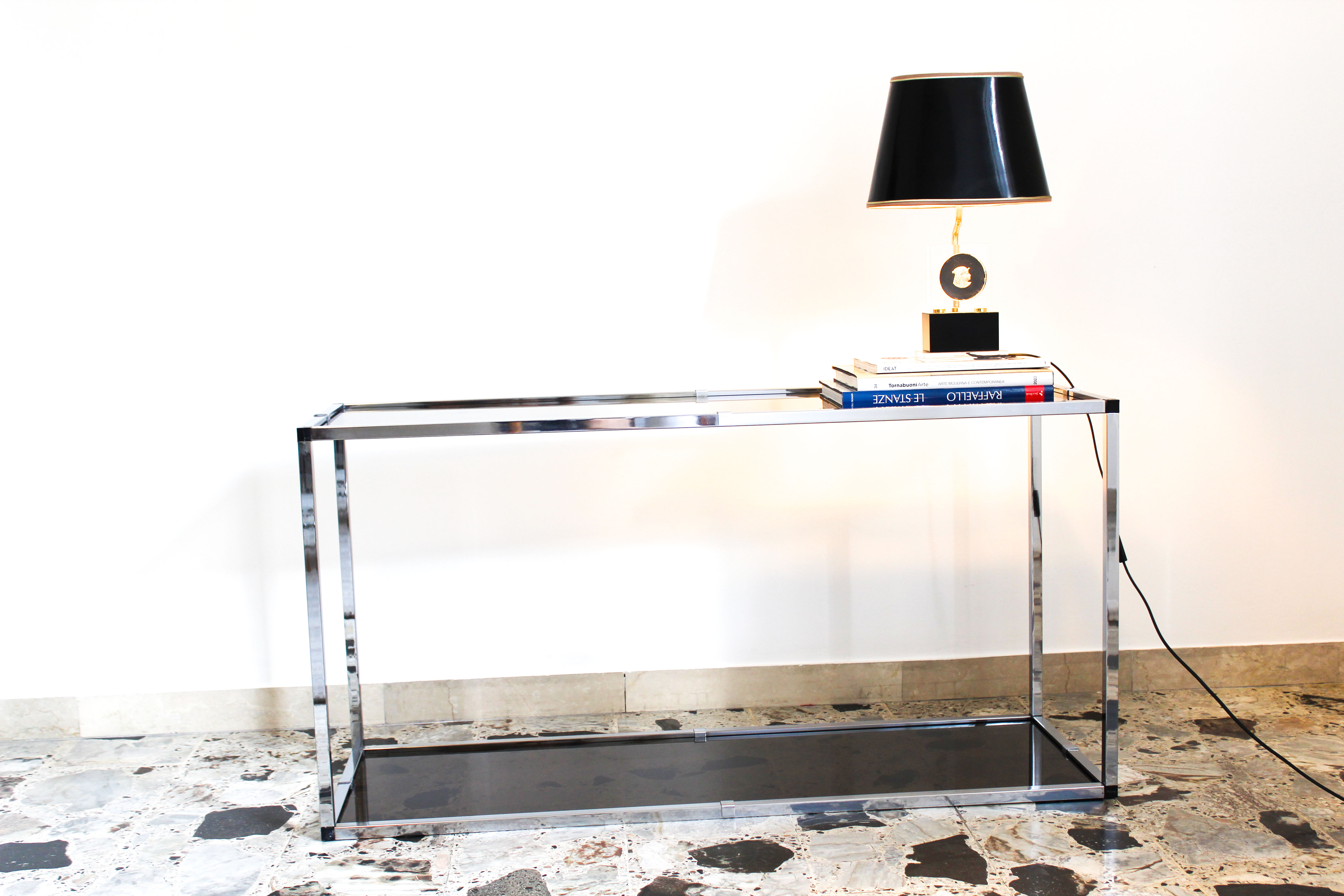 Console in chromed metal and smoked glass, Italy 70's