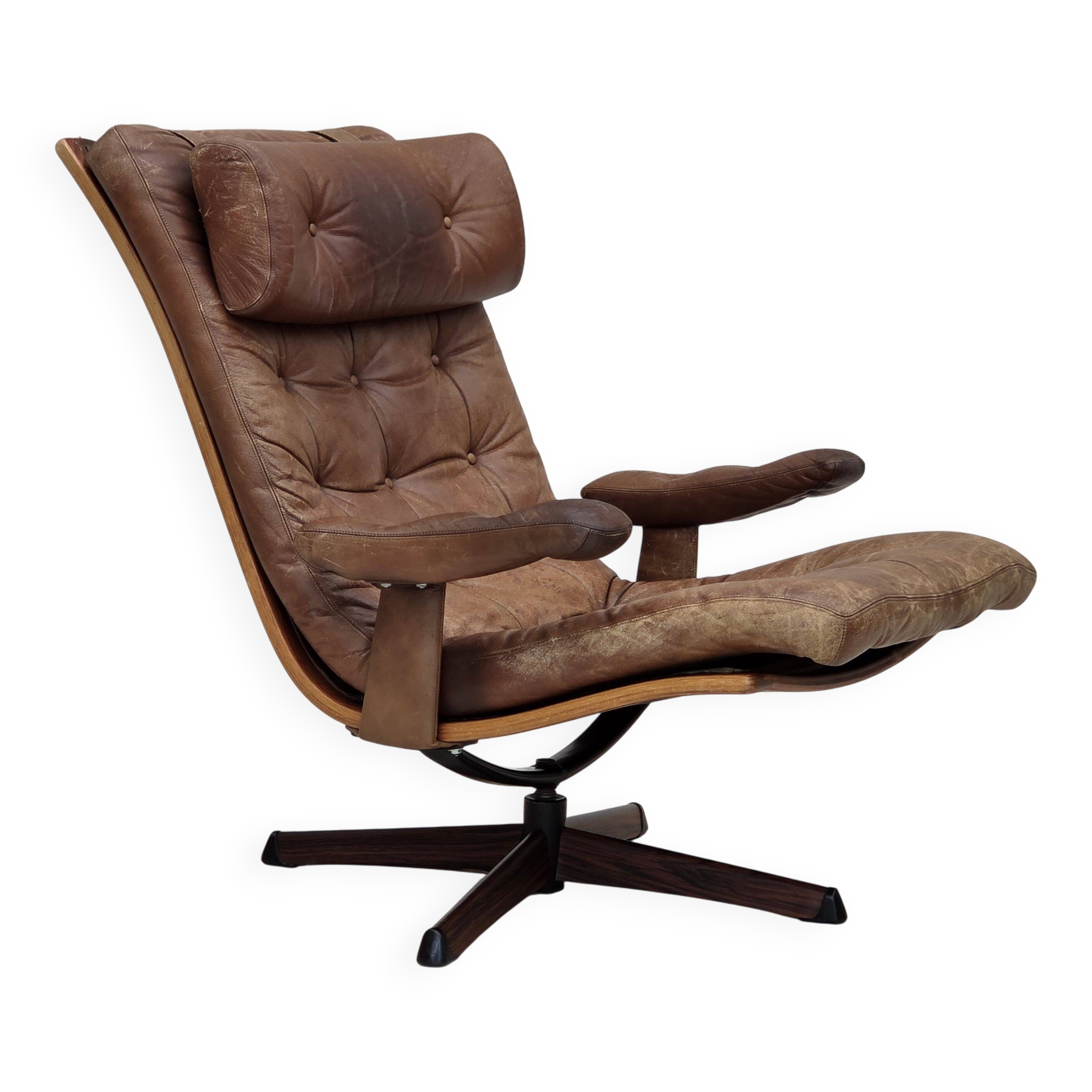 1960s, Scandinavian swivel armchair, brown furniture leather.