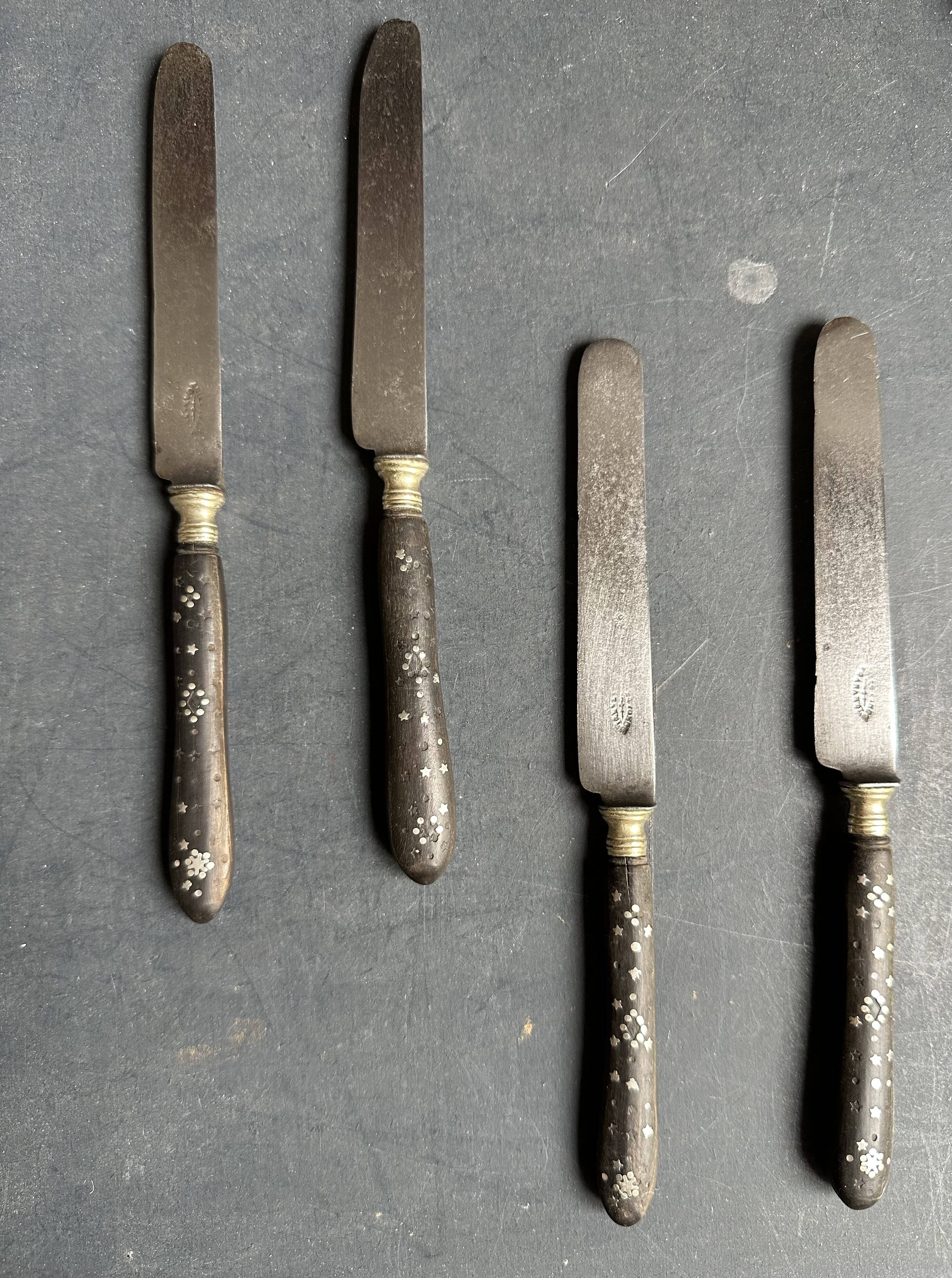 Set of 5 antique table knives in inlaid ebony, circa 1900.