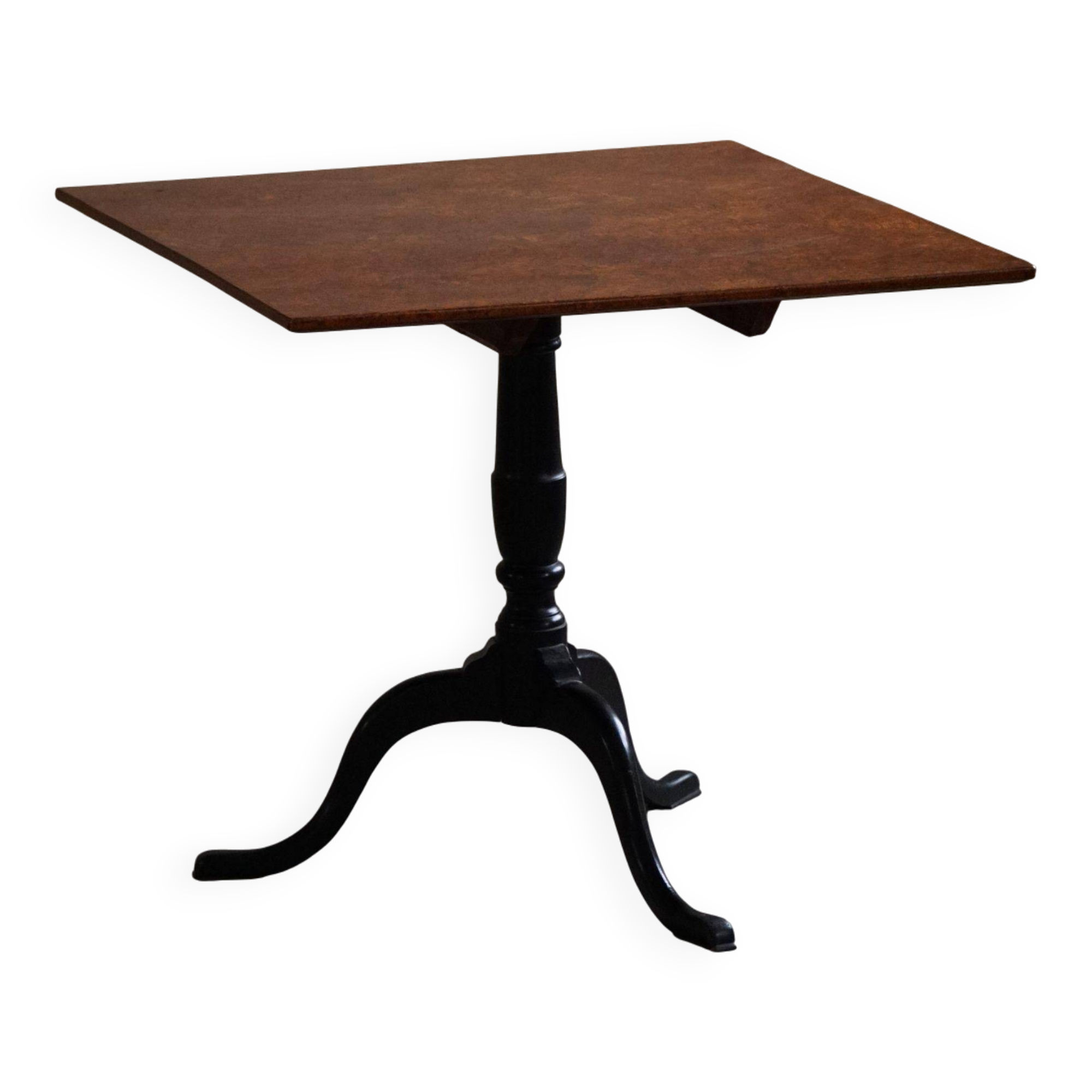Antique handcrafted square table with drop leaves made of burl wood, Swedish, 19th century.