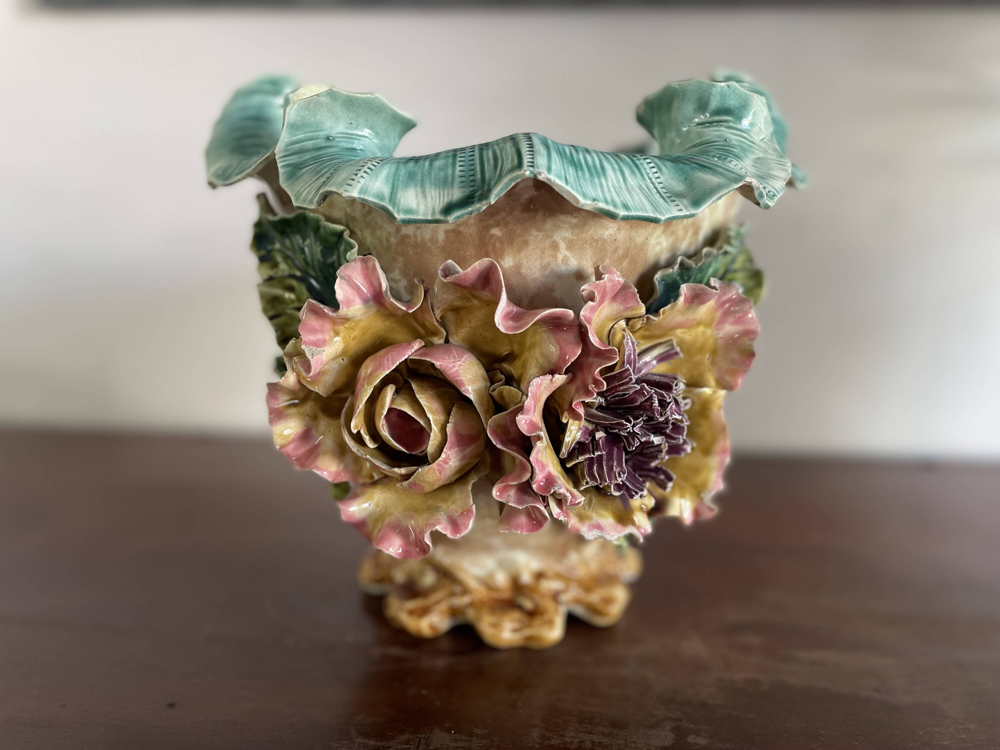 Large antique planter in majolica – relief floral decoration