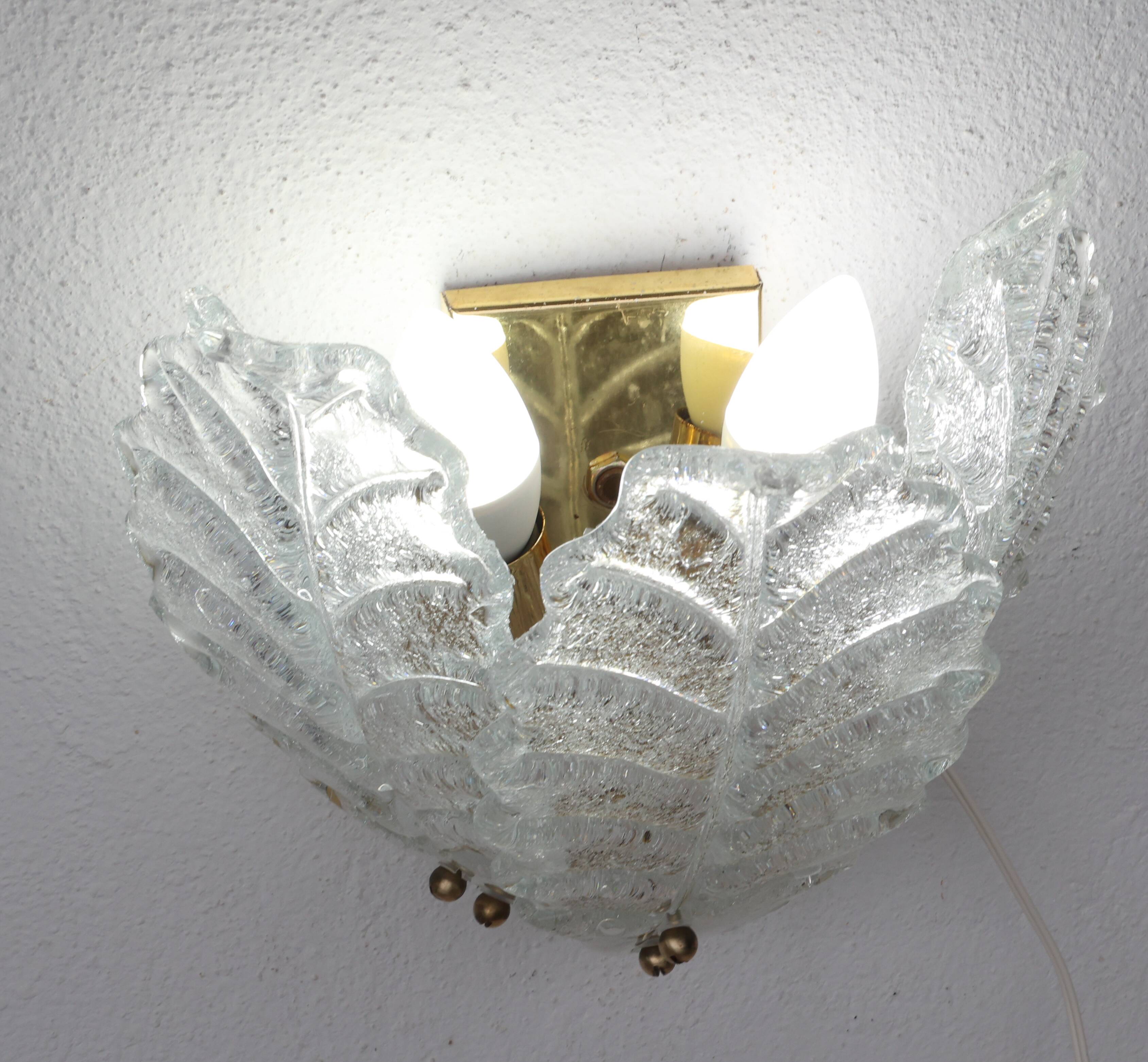 Set of 2 Taormina, Elegant Murano Wall Light Transparent Leaves, 1970