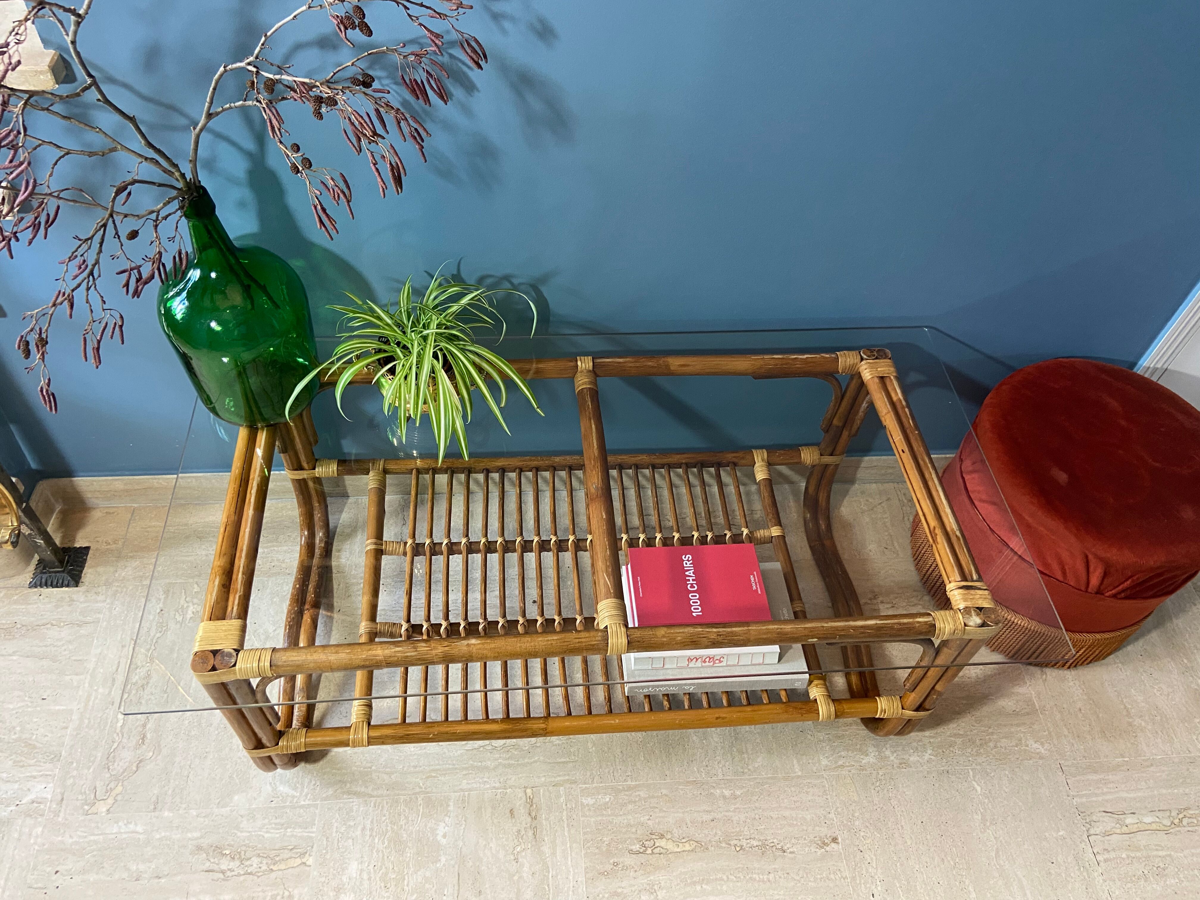 Vintage rattan and glass coffee table