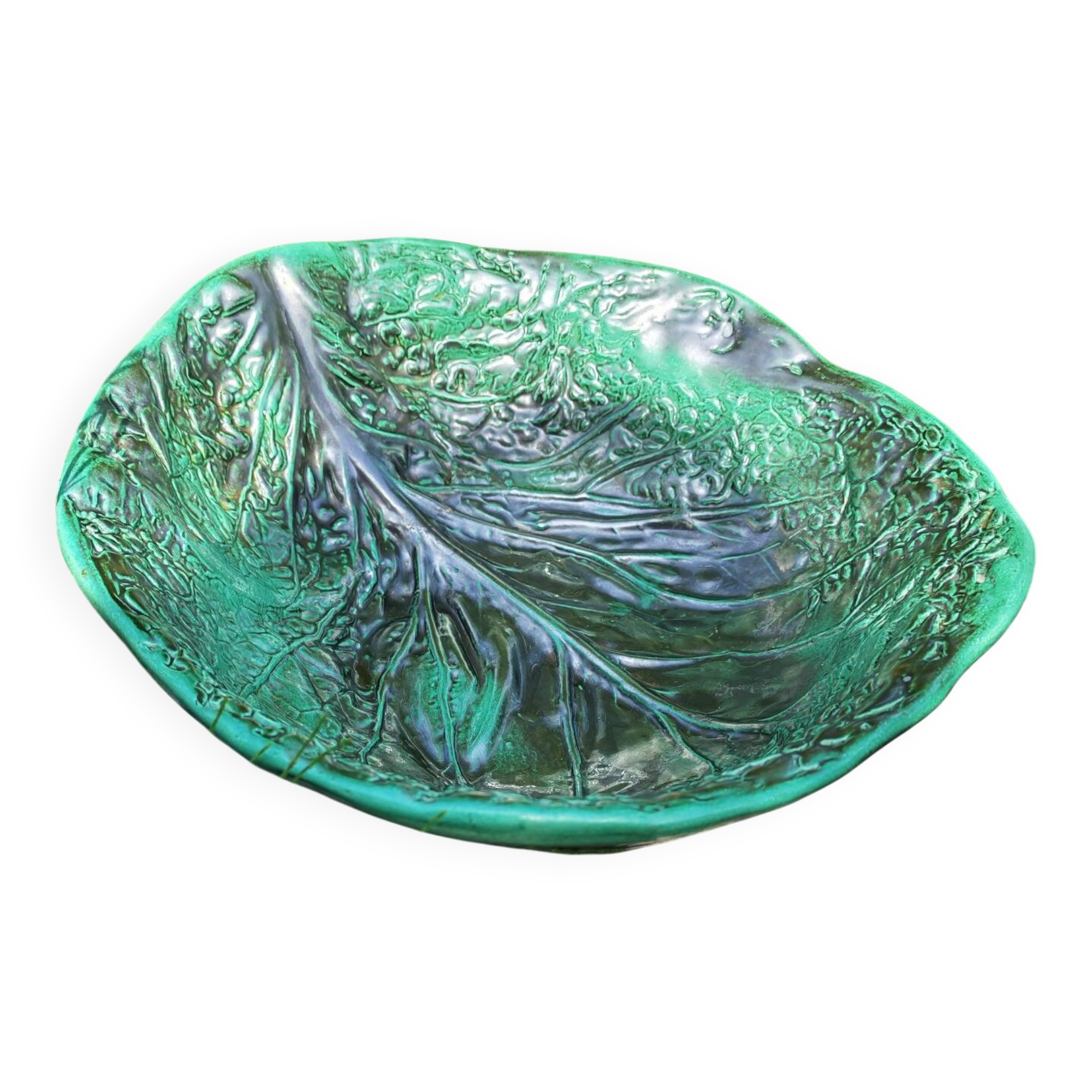 Vintage cabbage leaf earthenware salad bowl