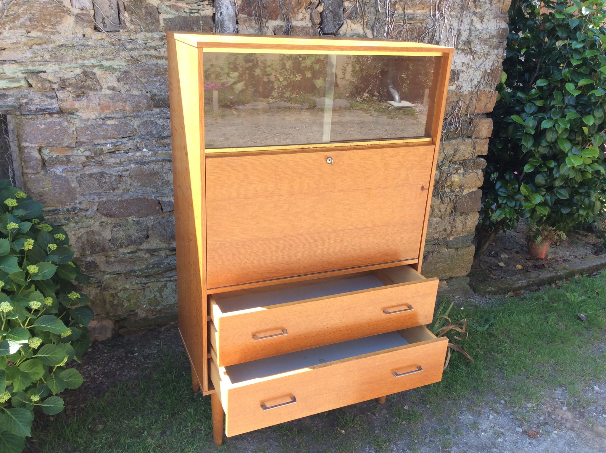 Vintage oak secretary with 2 drawers and 2 sliding windows
