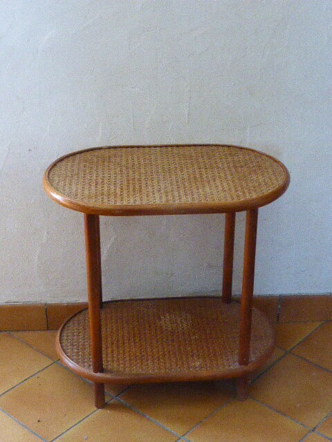 Side table, serving, pedestal, double tray, wood and vintage caning