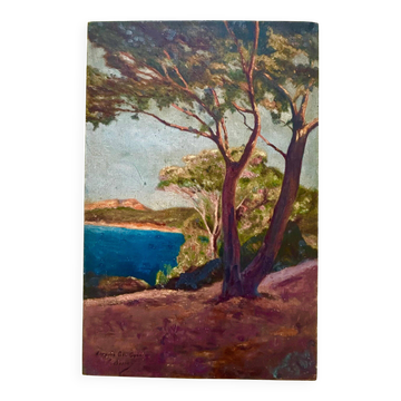 1920s French Riviera Seascape  Oil Painting of Saint Tropez Coast on Panel