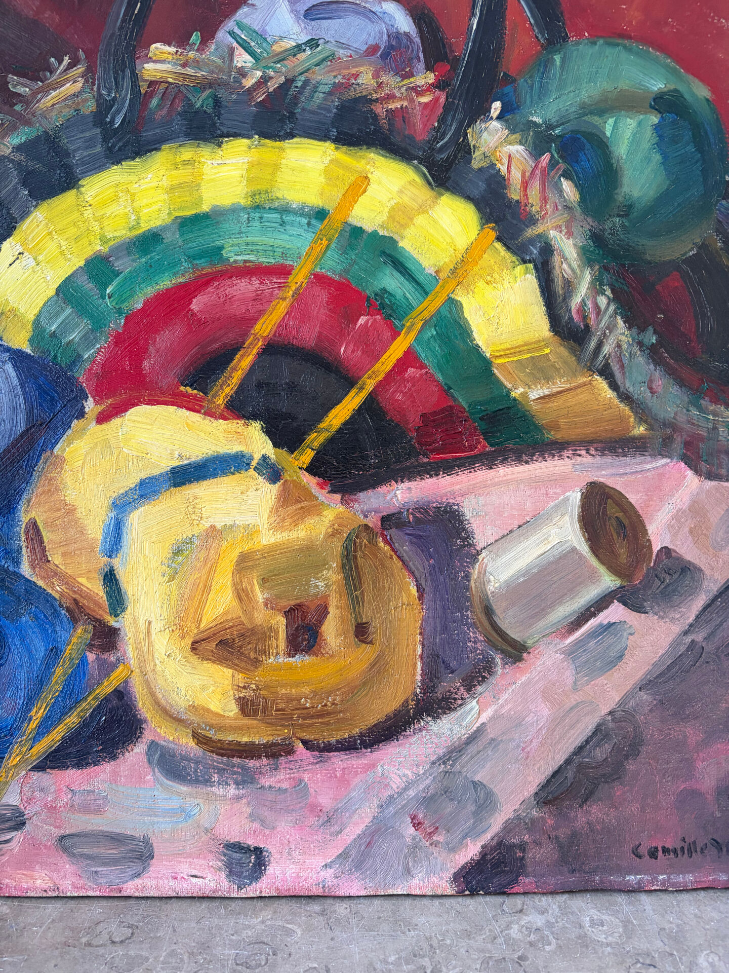 The wool basket, still life signed by Camille Mouret.