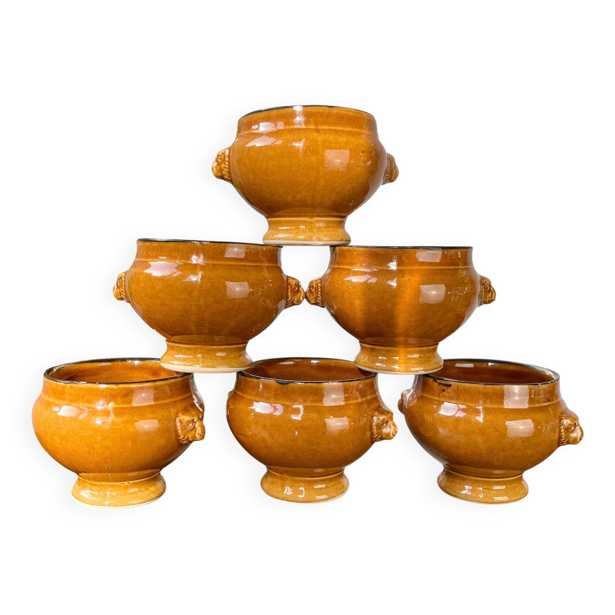 6 onion soup bowls in ochre glazed stoneware by Emile Henry