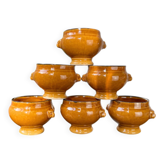 6 onion soup bowls in ochre glazed stoneware by Emile Henry